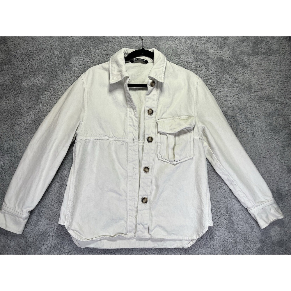 Womens Zara XS White Ivory Denim‎ Jean Jacket Shacket Oversized Grunge